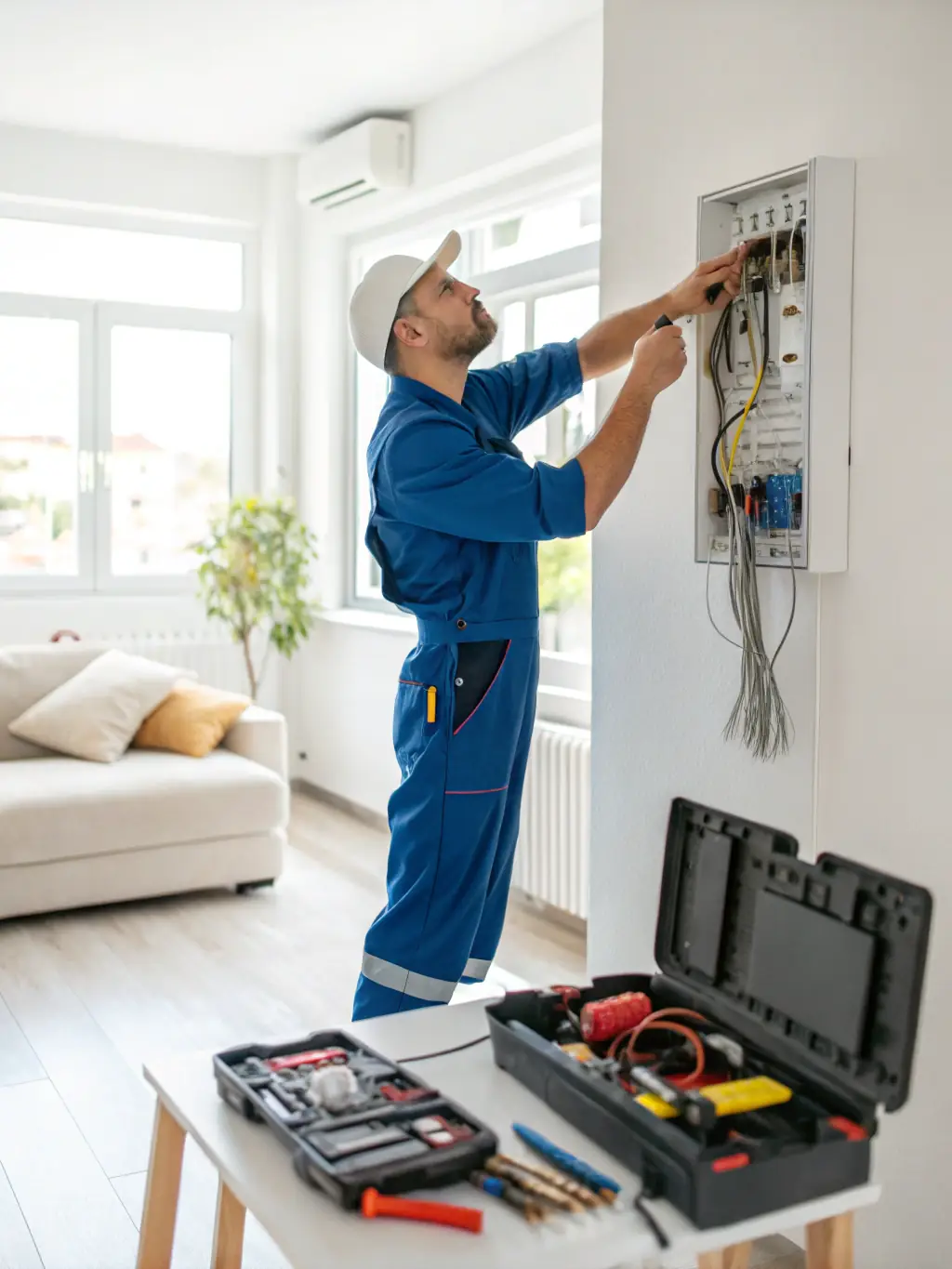 An image of an electrician responding to an emergency callout, working quickly and efficiently to resolve an electrical fault in a residential property.